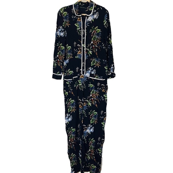 Zara Pants - Women’s Zara Collar Floral Macaw Button Up Pant Jumpsuit Tropical Size L Parrot